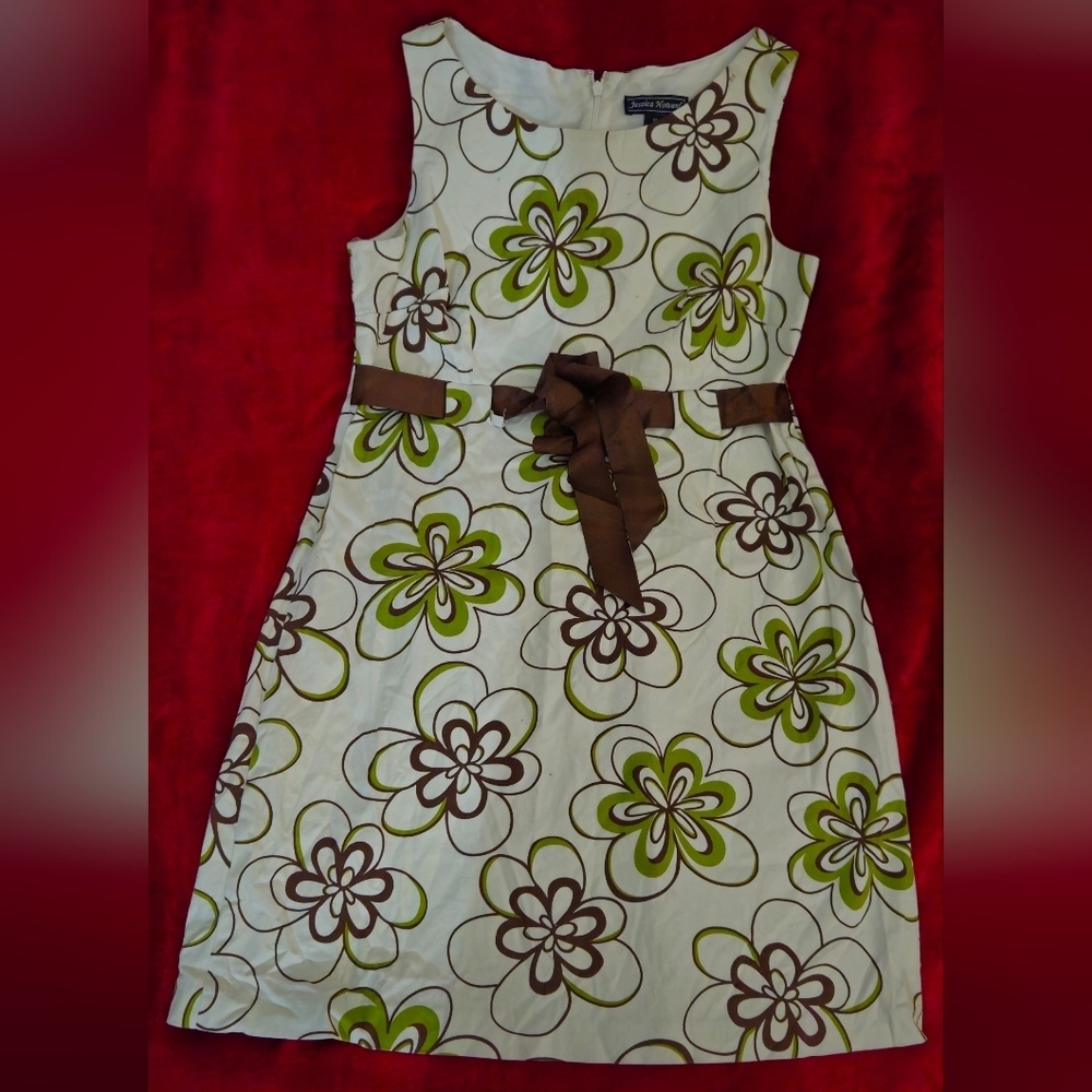 Jessica Howard Cream Floral Dress w/ Olive & Brown Floral Designs - Size 14